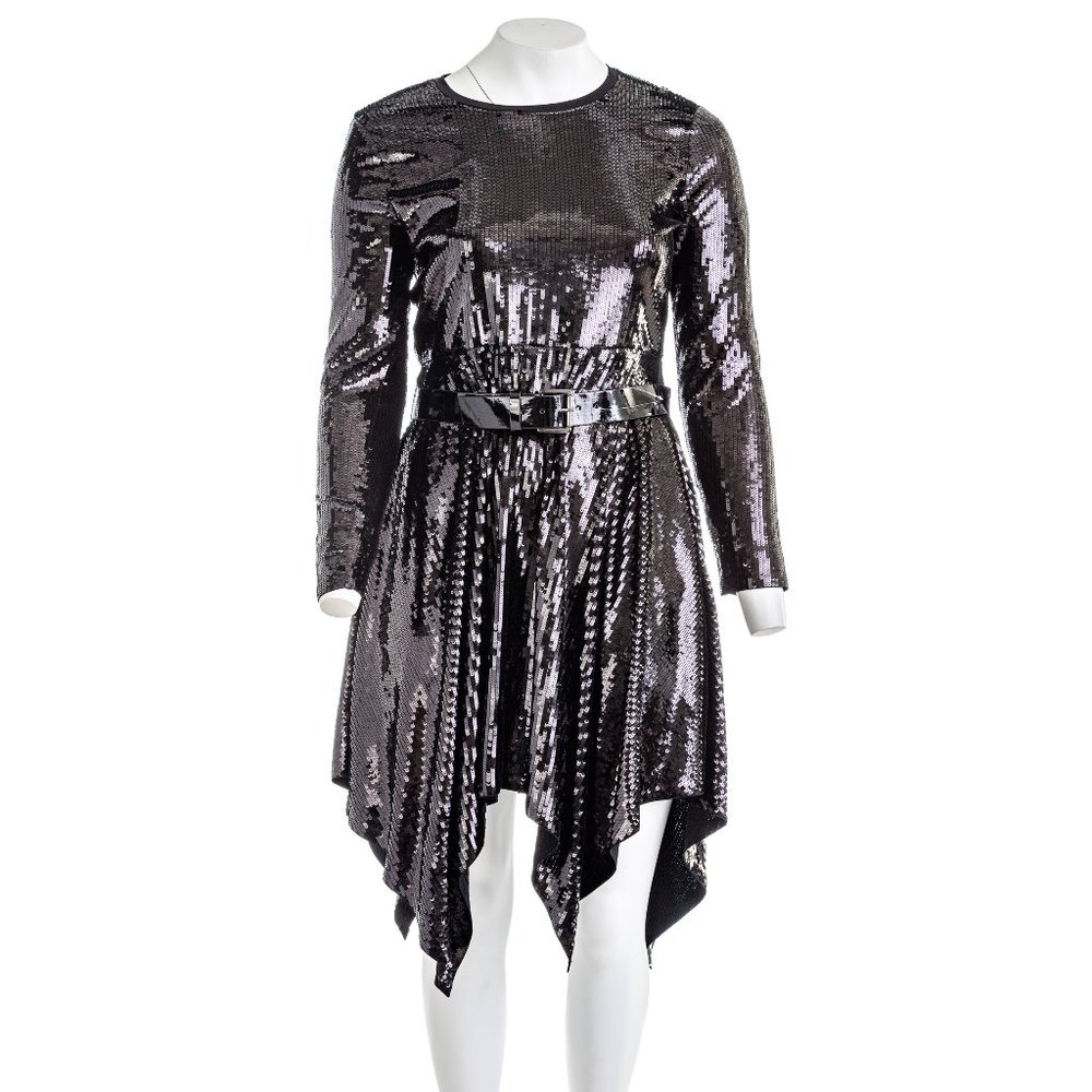 Belted Sequin Mini Dress In Black XL New